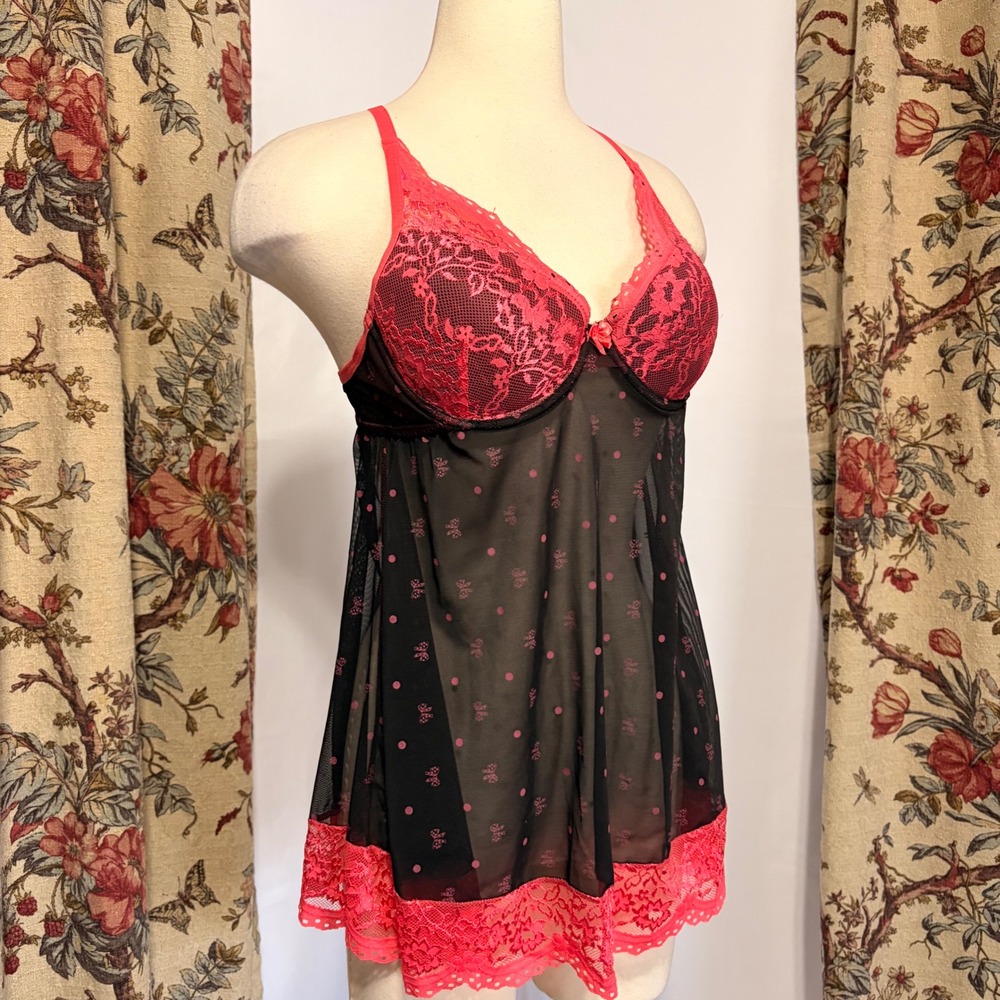 Tracy Stunning Pink and Black Mesh Polka Dot Bow Lace Babydoll Lingerie Tank top